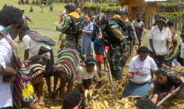 Satgas Mobile Raider 300 Siliwangi Ramaikan Acara Bakar Batu Bersama Masyarakat Kab. Puncak Papua