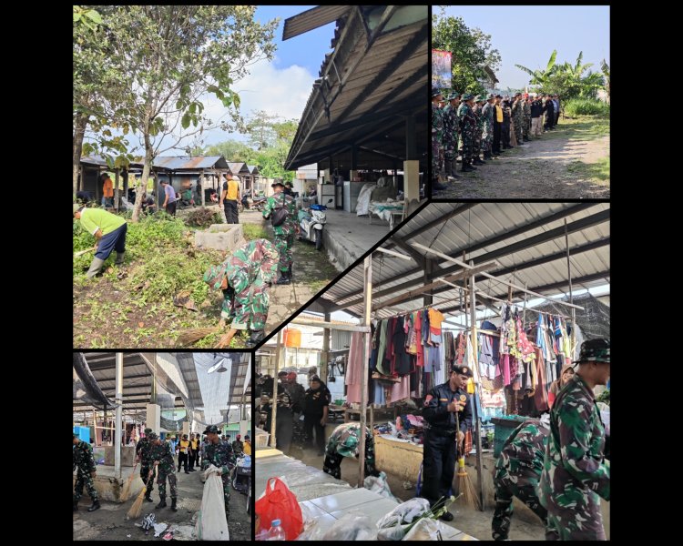 Kodim Sragen Bersih-Bersih Pasar Pucuk Peringati HUT TNI ke-80